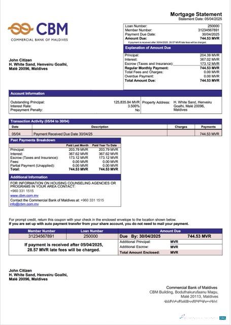 Download Maldives Commercial Bank of Maldives mortgage statement Word and PDF template Photoshop template